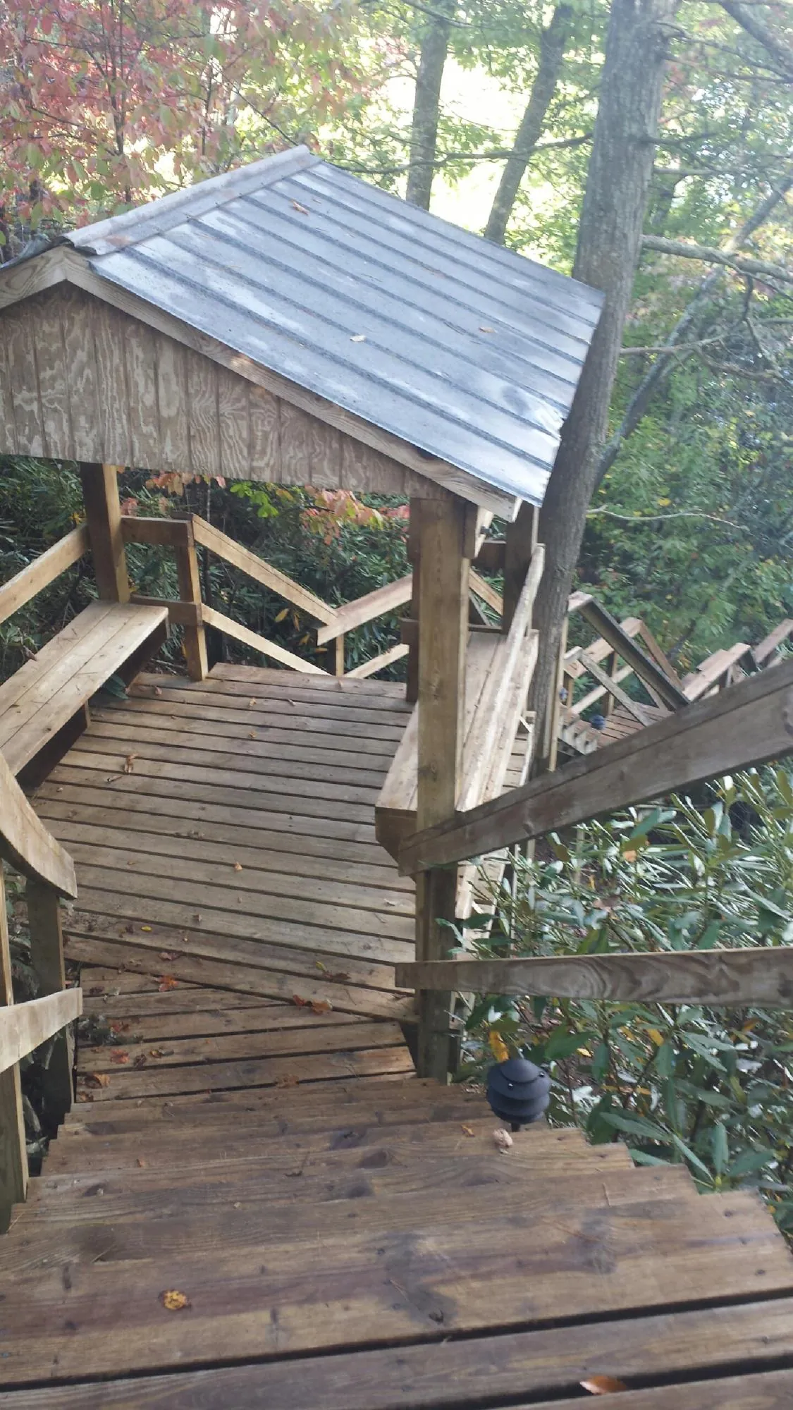 Metal roofed shelter over wooden steps on a wooded walkway — Skylight Repair & Installation work by our crew in Letohatchee
